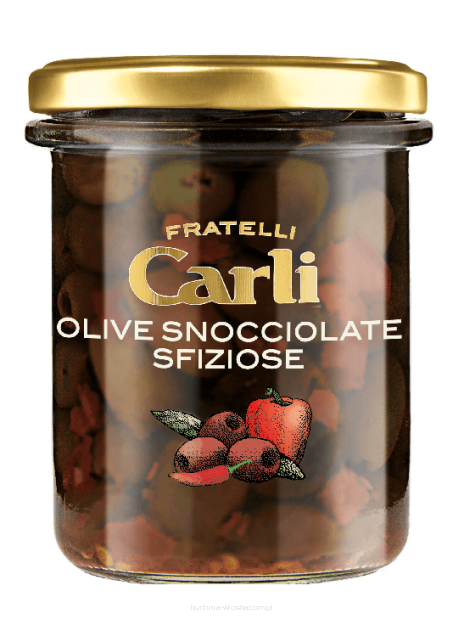 Mix oliwek bez pestek z kawałkami papryki i peperoncino, Carli, 170g