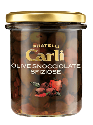 Mix oliwek bez pestek z kawałkami papryki i peperoncino, Carli, 170g