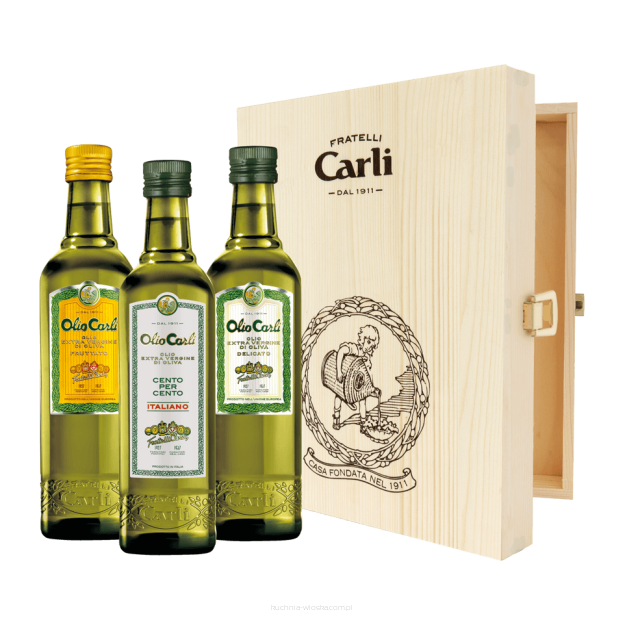 Drewniana skrzynka prezentowa z kolekcją oliw extravergine, Fratelli Carli